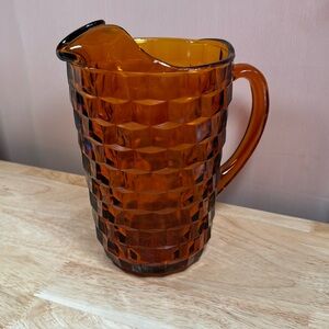 Vintage Amber Colored FOSTERIA Glass Handled Pitcher 8” high